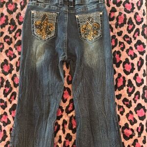 Navy blue and gold flare jeans